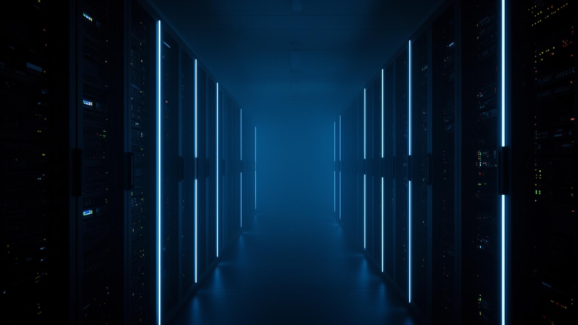 Enterprise data center corridor with illuminated server racks